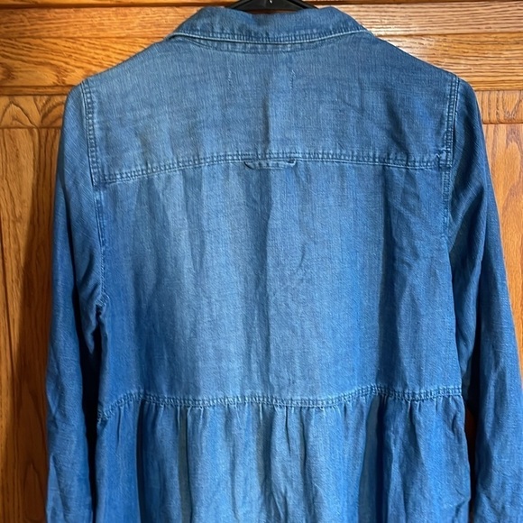 LOFT Denim Shirt Dress Tiered Blue with Pocket Linen Blend Flowy - Picture 5 of 9